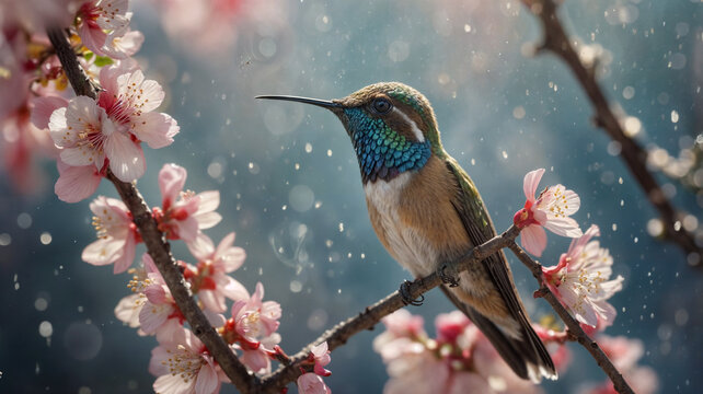 Hummingbird perching on a branch surrounding by cherry blossom flowers on beautiful scenery
