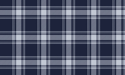 Plaid fabric pattern, navy blue, white, seamless for textile and design clothes skirt pants apron tablecloth blanket or decoration fabric. Vector illustration.