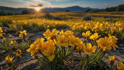 A vibrant field of yellow flowers under a sunset sky, showcasing nature's beauty.