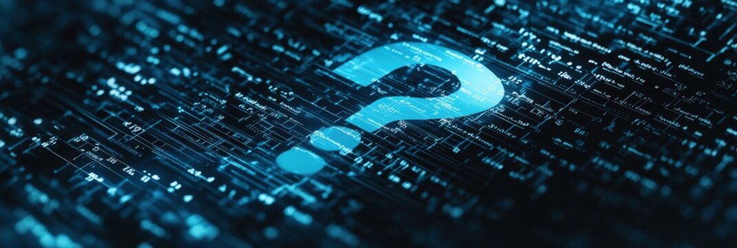 The image showcases a bold, blue 3D question mark prominently displayed on a digital data screen, emphasizing its significance in a technological context.