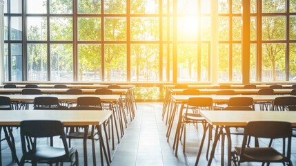 Fototapeta premium Empty school cafeteria tables during off-peak hours, a serene moment of reflection on the passage of time and the transient nature of youth.