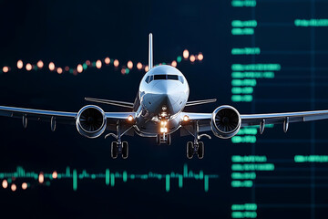 Fototapeta premium modern airplane flying towards viewer with digital graphs in background, symbolizing technology and aviation