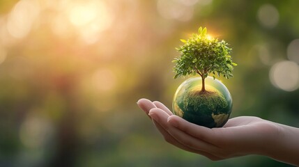 48.A human hand holding a glowing green globe with a tiny tree growing from it, surrounded by soft light. The image highlights environmental sustainability, carbon neutrality, and the urgent need for