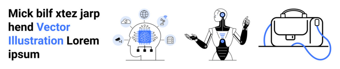 Robot analyzing data, circuit brain with technological icons, sleek business suitcase. Ideal for technology, AI, automation, business, innovation, education, digital marketing. Landing page