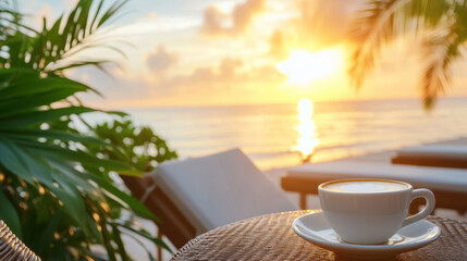 Tranquil sunrise coffee scene by the beach with tropical vibes