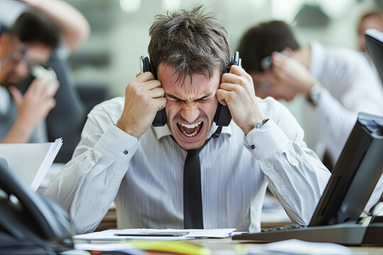 Stressed man answering multiple calls in a noisy work environment