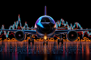 Futuristic airplane in front of vibrant financial graph, symbolizing innovation and progress in aviation and finance