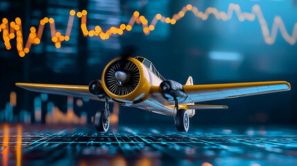 vintage aircraft model with yellow and silver design, set against backdrop of financial graphs and data. scene conveys blend of nostalgia and modernity