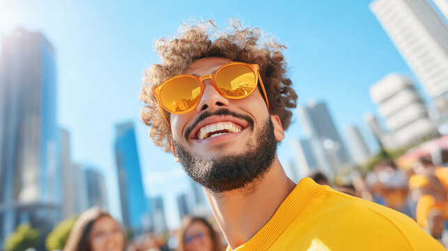Happy Man in Yellow Shirt Orange Sunglasses City Background Young Adult Student Intern First Job Ambitious Career