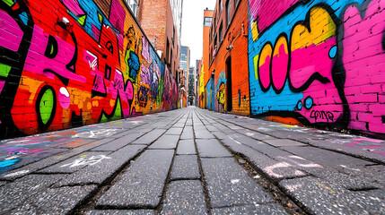 vibrant graffiti covered alley showcases colorful street art and urban culture, inviting exploration and creativity. cobblestone path leads through lively artistic environment