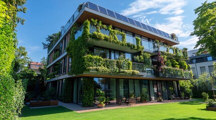 Obraz premium 14.A modern European apartment building with large glass windows and balconies covered in lush green plants, harmonizing with the surrounding landscape. Solar panels are visible on the roof,