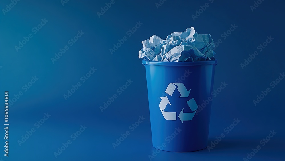 Poster blue recycling bin with crumpled paper: a visual representation of environmental responsibility and 