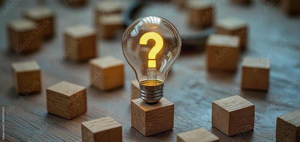Poster light bulb with question mark surrounded by wooden blocks