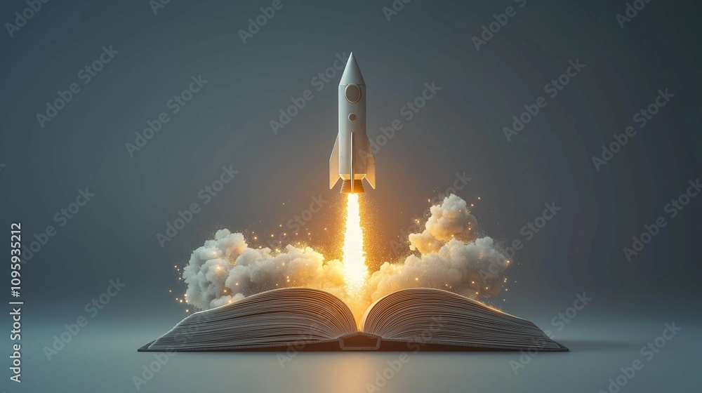 Aufkleber rocket launching from open book creating a vision of knowledge