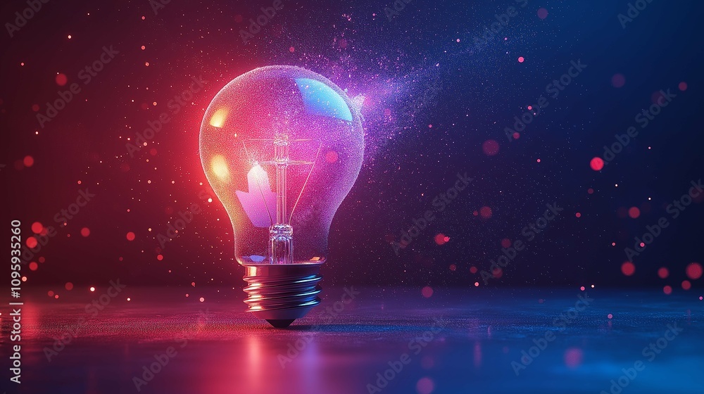 Poster creative light bulb with colorful particles and soft glow effect