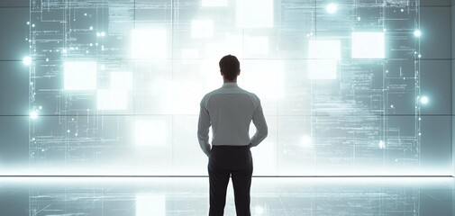 Fototapeta premium Man Standing Before Digital Display with Data Visualization Elements