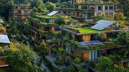 Obraz premium 18.A picturesque eco-apartment complex in Europe, surrounded by trees and landscaped gardens. The building features green roofs, energy-efficient windows, and solar panels, representing a commitment