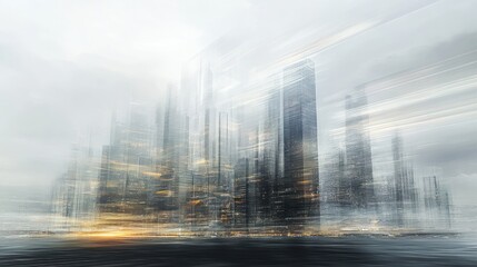 Abstract digital art of futuristic urban skyline in motion.