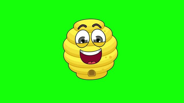 A laugh bee hive cartoon face on a green background, loop animation