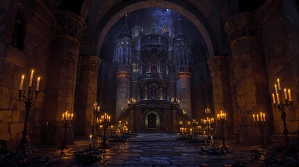 Fototapeta premium Castle dungeon, gothic setting with candles, dark and creepy background