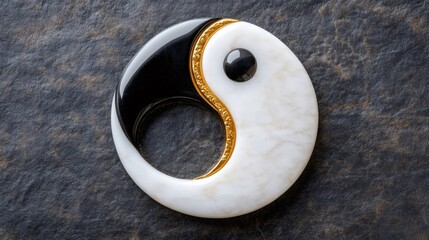 traditional symbolism, intricate yin-yang marble symbol with gold inlay on polished stone background, subtle lighting and free space on right