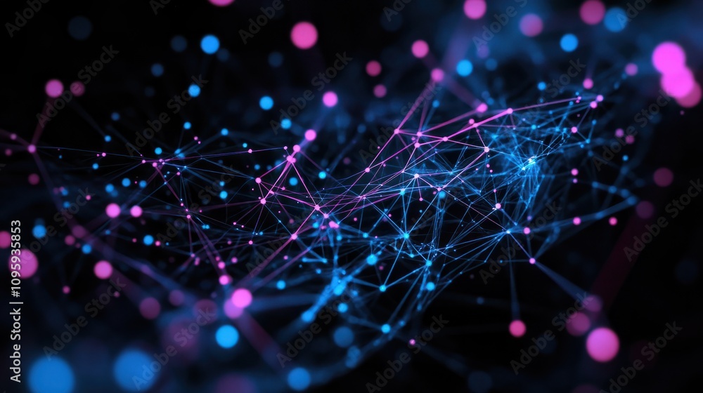 Poster abstract digital data visualization with blue and pink lines and graphs on a black background.