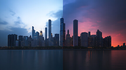 Fototapeta premium An urban skyline transforming from day to night, capturing change over time 1