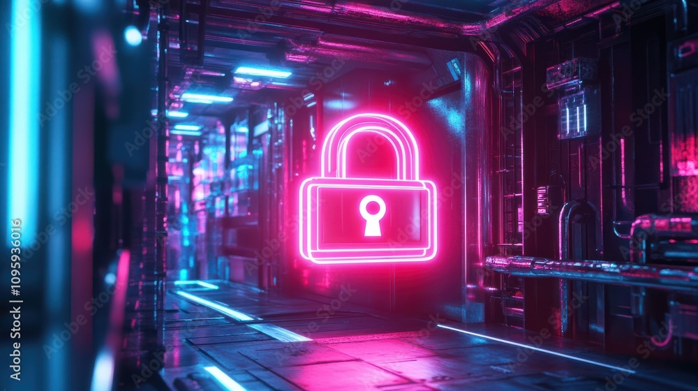 Poster abstract digital security concept with colorful neon lights and a metallic padlock representing cybe