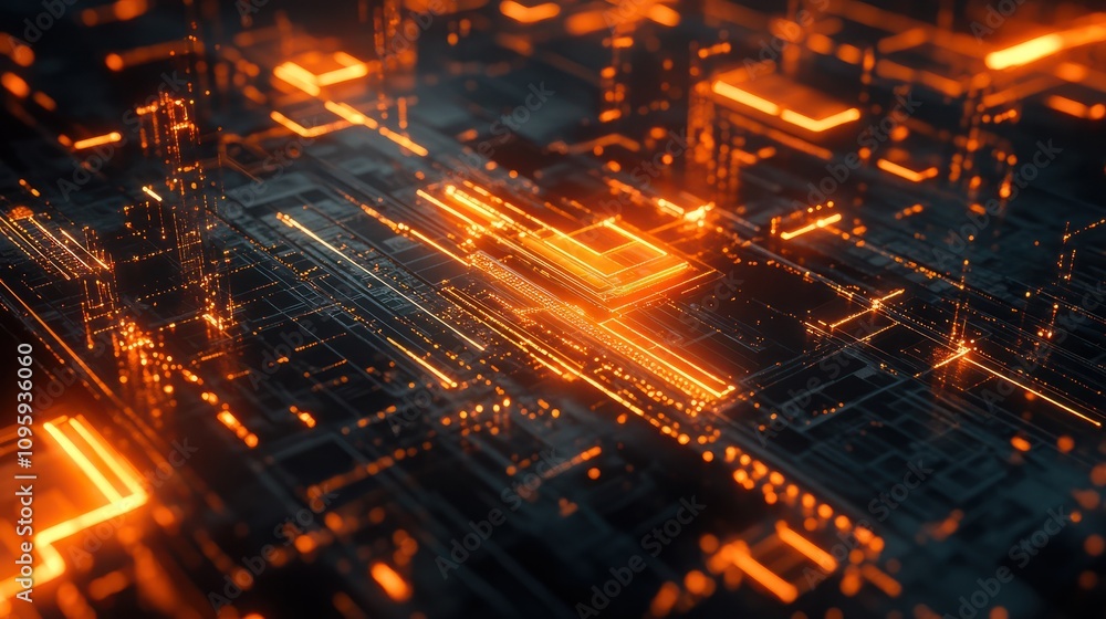 Poster abstract digital visualization of data trends with glowing orange lines on a dark background.