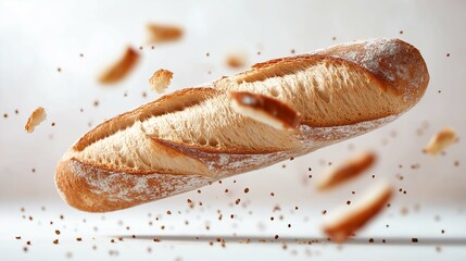 Freshly Baked Bread in Mid-Air with Crumbs Flying Around