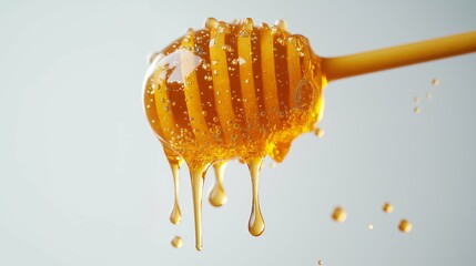 Close-Up of Dripping Honey on Wooden Dipper with Soft Focus Background