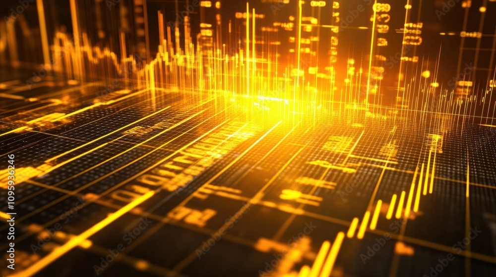 Poster abstract financial data visualization with glowing yellow lines and numbers.