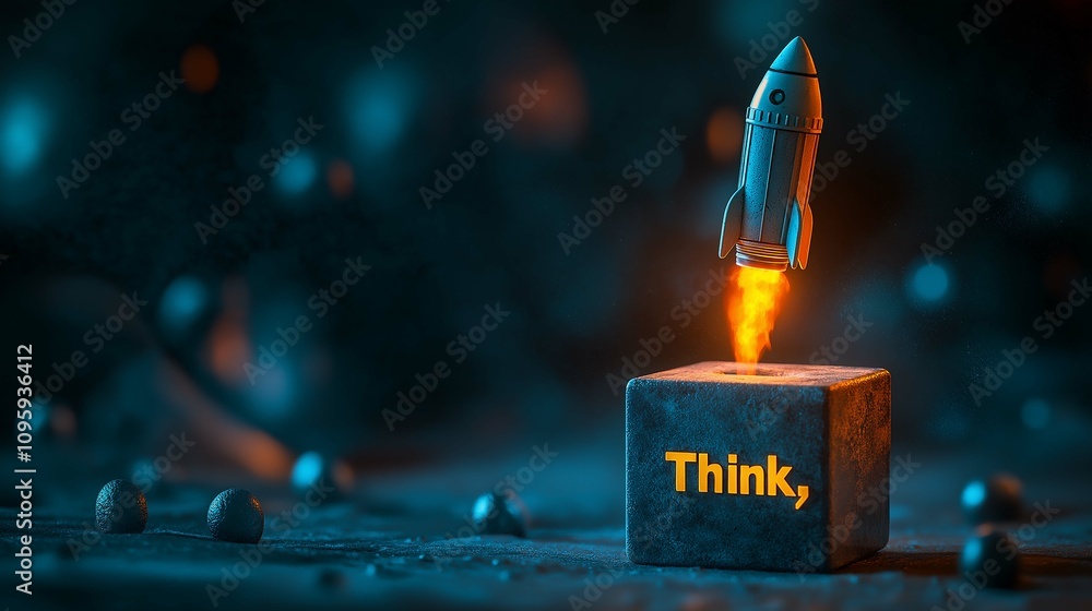 Poster rocket launching from block with text think in dark atmosphere