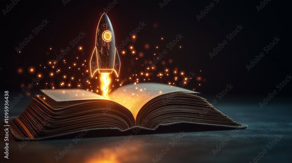 Aufkleber rocket launching from open book creating a magical atmosphere