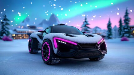 Fototapeta premium Futuristic Snow Car Winter Sports Aurora Lights Snowy Landscape