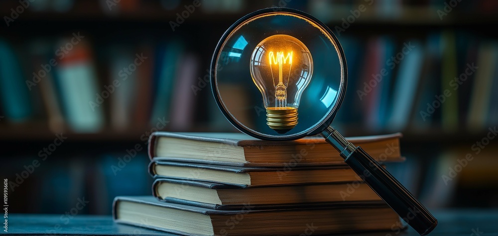 Poster light bulb under magnifying glass on books in library setting
