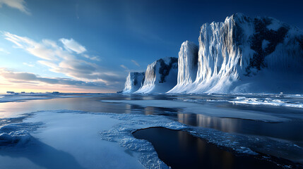 Dramatische vereiste Klippen an einer gefrorenen Küste mit spiegelndem Wasser

Tags
