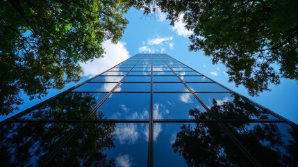 54.A towering office building seen from below, its reflective windows blending with the blue sky above. Surrounded by trees, the image conveys the concept of green urban living, focusing on air