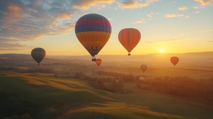 Fototapeta premium 30.A tranquil image of hot air balloons in rainbow colors soaring above a lush green countryside at sunset. The sky is painted with soft pastel hues as the sun dips below the horizon, highlighting