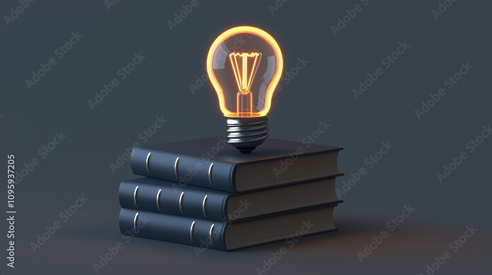 Poster light bulb on stack of books symbolizing knowledge and ideas