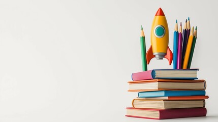 Fototapeta premium Colorful Rocket and Pencils on Stack of Books for Education Theme