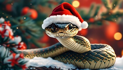 Adorable Snake with Santa Hat on Christmas Background