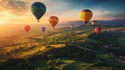 Obraz premium 28.A wide-angle view of colorful hot air balloons drifting gracefully over a patchwork of green hills and forests, bathed in the warm glow of the setting sun. The balloonsâ€™ vibrant colors contrast