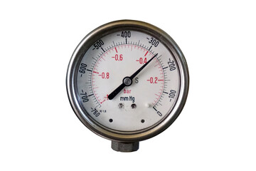 The pressure gauge in bar and millimeters of mercury isolated on white background. It measures -260 mmHg or -3.5 bar.