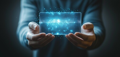 Hands Holding a Glowing Transparent Card with Sparkling Effects