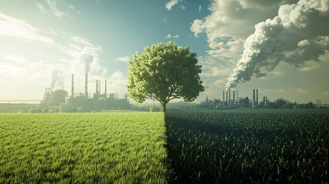 103.A side-by-side view of a pristine green field with clear skies, fresh air, and a healthy tree, contrasted with a smoky, polluted industrial zone. The 3D illustration highlights the effects of