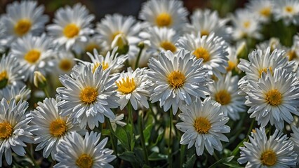 A vibrant display of white daisies with yellow centers in a lush garden setting.