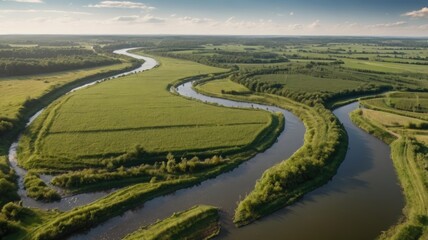 Aerial view of the green landscape with a river