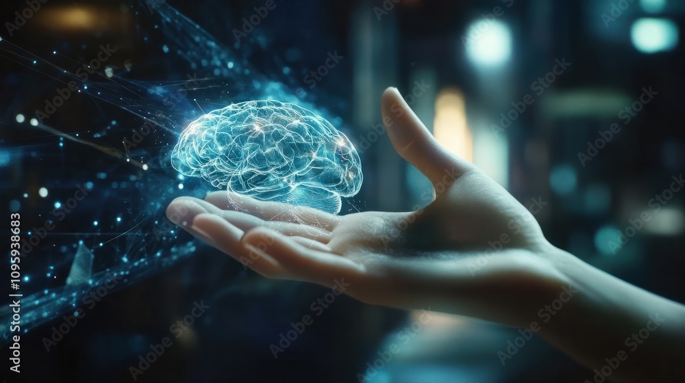 Poster ai interaction concept - hand reaching towards digital brain interface