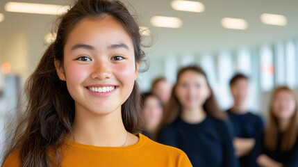 Smiling Teen Girl Portrait Happy Student Youth Education Group Background Blur Young Adult Student Intern First Job Ambitious Career